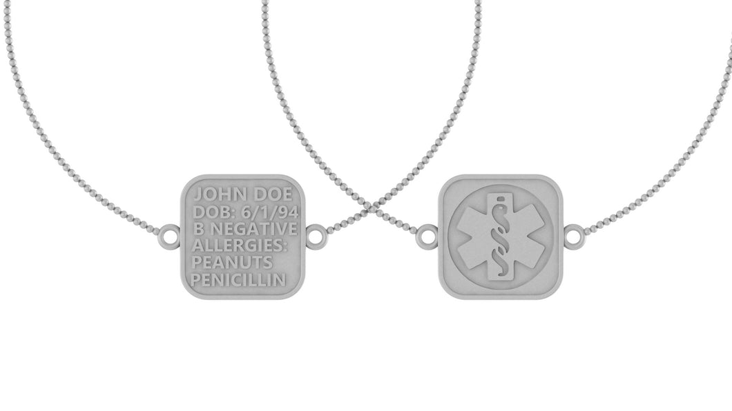 Custom medical id bracelet tags one side customizable name and information the other side the ID sign for health jewelry