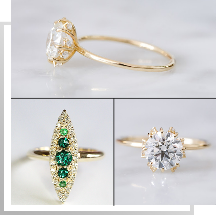 Custom Emerald, Lab Grown Diamond Delicate and Unique Engagement Rings