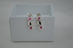Custom pink tourmaline, onyx zig zag earrings stelring silver