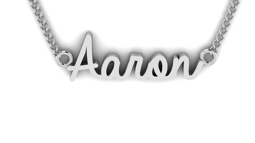 Image of a silver pendant spelling the name “Aaron” in cursive font 