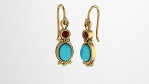 Gold Sleeping Beauty Turquoise and Ruby Dangle Earring With Milgrain