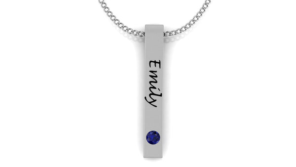 Image of a slim pendant with the name ‘Emily’ and a blue birthstone